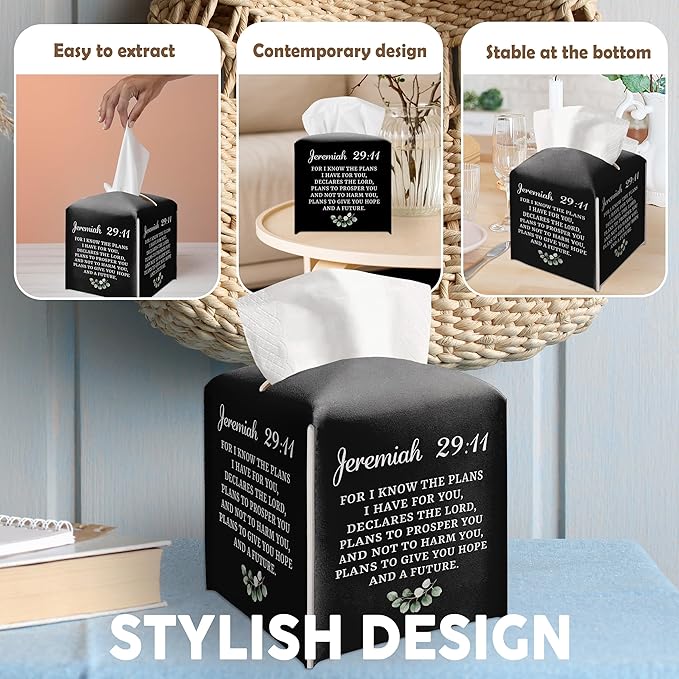 Christian Decorative Tissue Box Cover Square, Black Tissue Box Cover Leather, Bible Verse Gift Ideas for Friends, for I Know The Plans I Have for You, Bathroom Decor-(5.2 Inches)