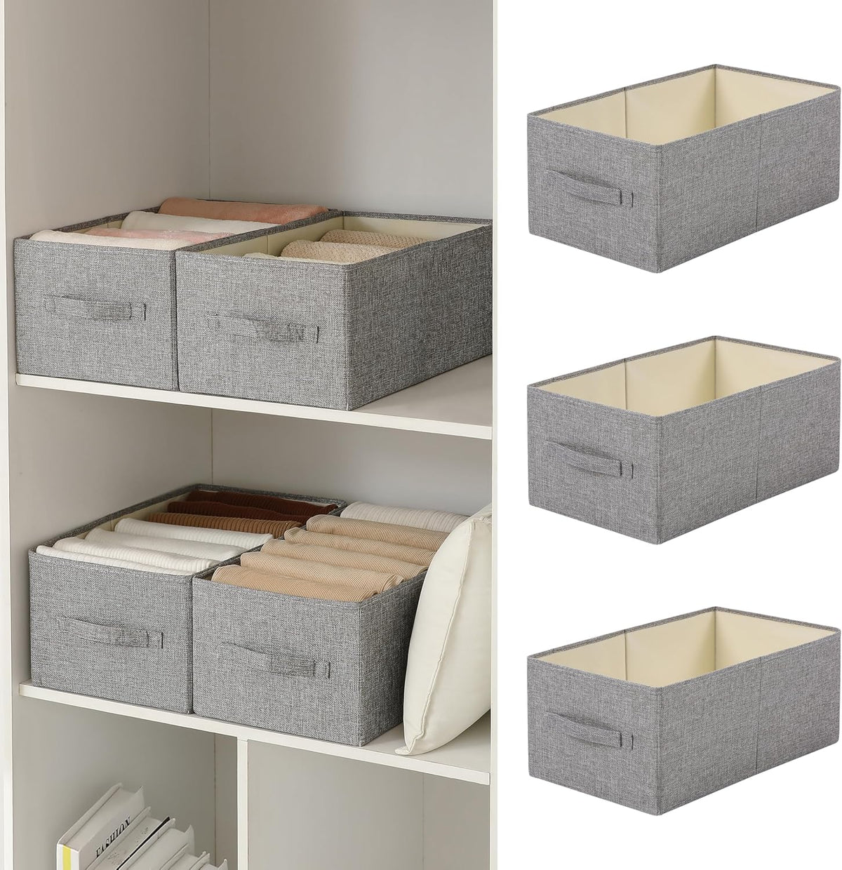 Linen Folding Storage Bins, 3 Pack Large Storage Baskets, Washable, Clothing Storage Bins with Handle, Closet Organizer for Storage Sweater,Sheets(dark grey, 18½"x11" x8½")