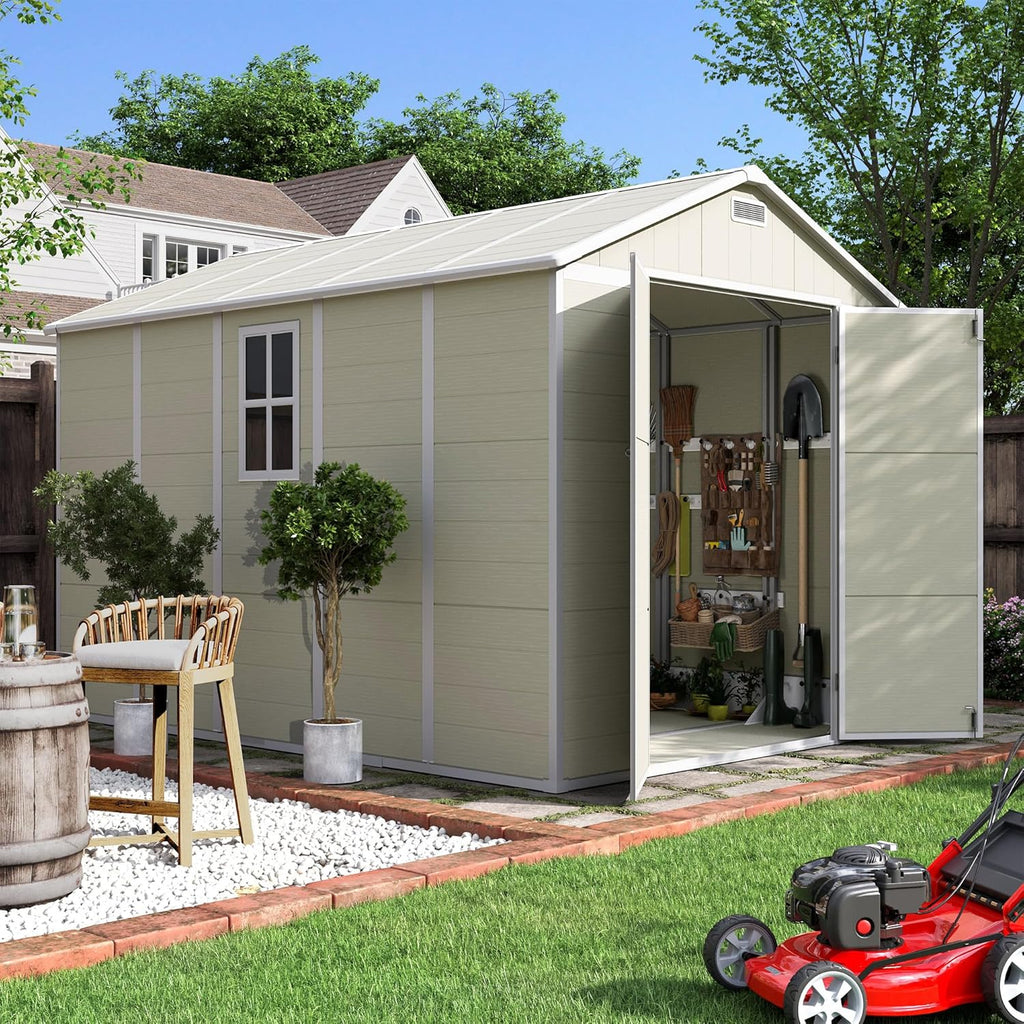 UDPATIO Outdoor Storage Shed 7.5x10.7 FT, Plastic Garden Shed for Bike, Garbage Can, Tool, Outside Sheds & Outdoor Resin Shed with Lockable Door for Backyard, Patio, Lawn, Standstone