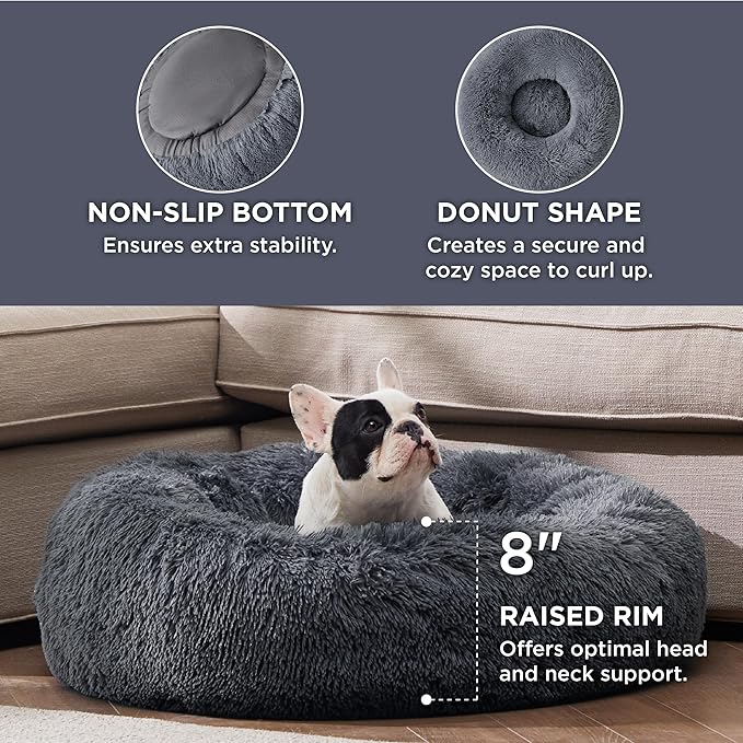 Bedsure Calming Dog Bed for Medium Large Dogs - Donut Washable Large Pet Bed, 33 inches Anti-Slip Round Fluffy Plush Faux Fur Dog Bed, Dark Grey