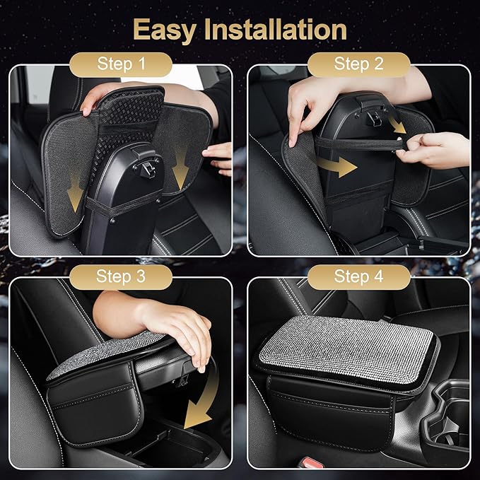 Center Console Cover Fit for Clarity: Upgraded Diamond Auto Middle Console Cover - Crystal Rhinestone Armrest Cover for Car with 2 Storage Bags,Anti-Scratch Auto Armrest Pad Accessory （Black