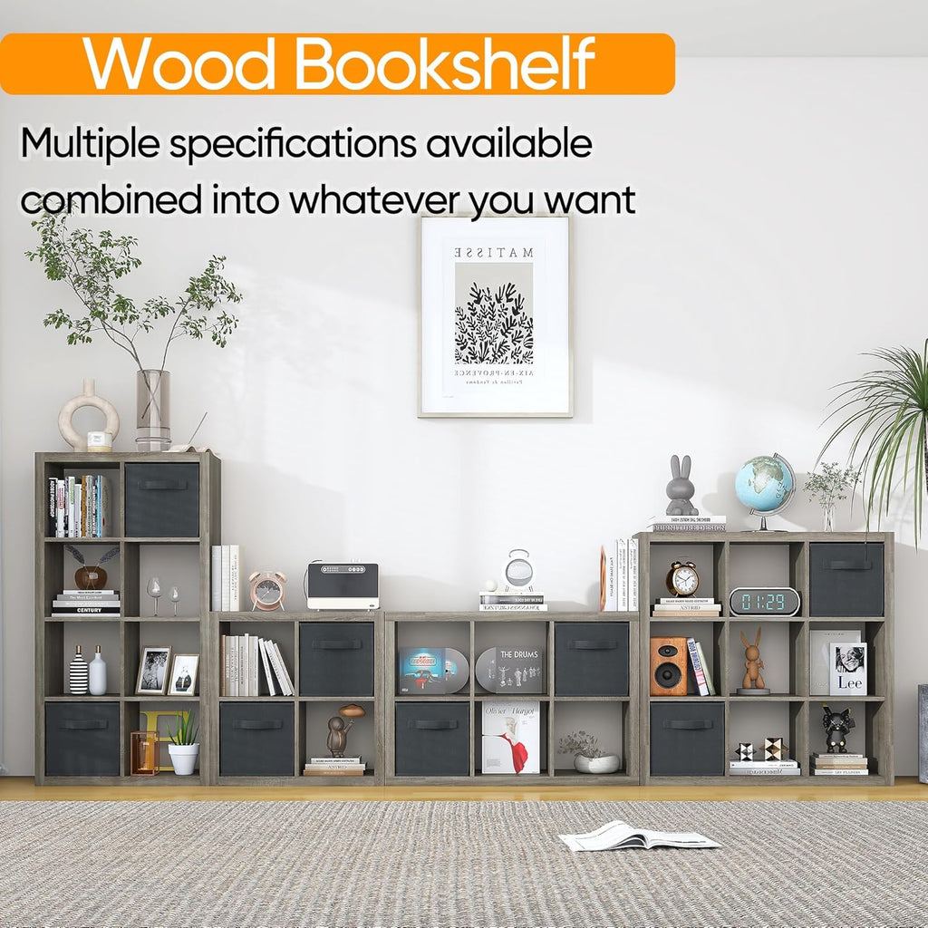 Bookshelf with Storage Bins, 9-Cube Storage Organizer Sturdy Wooden Bookcase Open Book Shelf, Multifunctional Cubicle Rack for Storage & Display, Furniture for Living Room Bedroom Office, Gray Oak