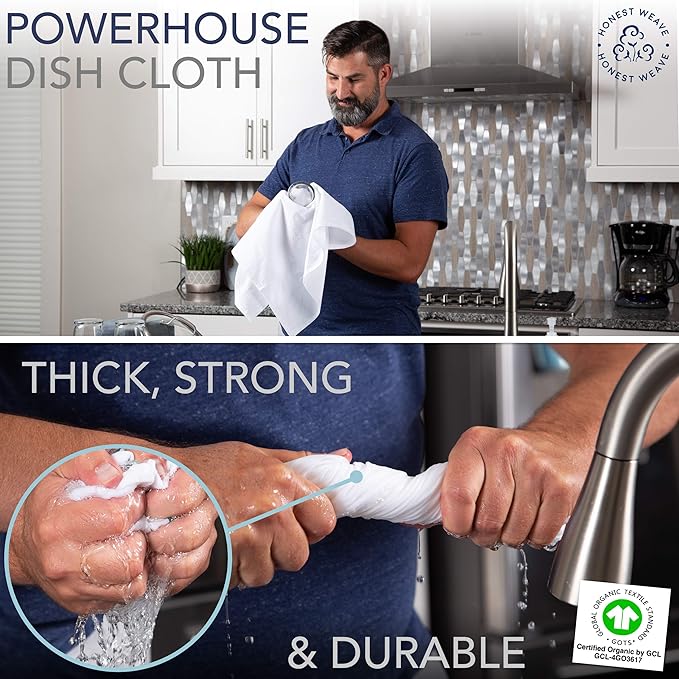 HONEST WEAVE GOTS Certified 100% Organic Flour Sack Cotton Kitchen Hand and Dish Towel Sets - Extra Large 27x27 inches, Fully Hemmed, 12-Pack, White
