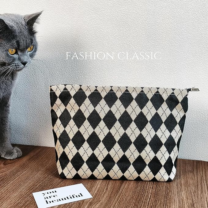 STARDW Parallel Checkered Makeup Bag Cute Cosmetic Bags for Women Girls, Travel Toiletry Bag Large Capacity Zipper Makeup Pouch, Purse Organizer Pouches