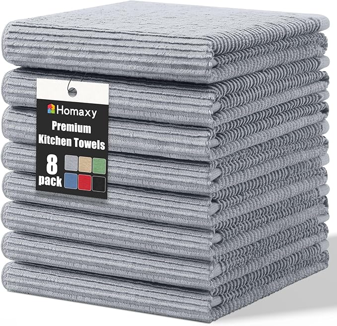 Homaxy Premium Kitchen Towels (18"x 28", 8 Pack), Large 100% Cotton Kitchen Hand Towels, Ultra Absorbent Ribbed Terry Tea Towels Set with Hanging Loop, Grey