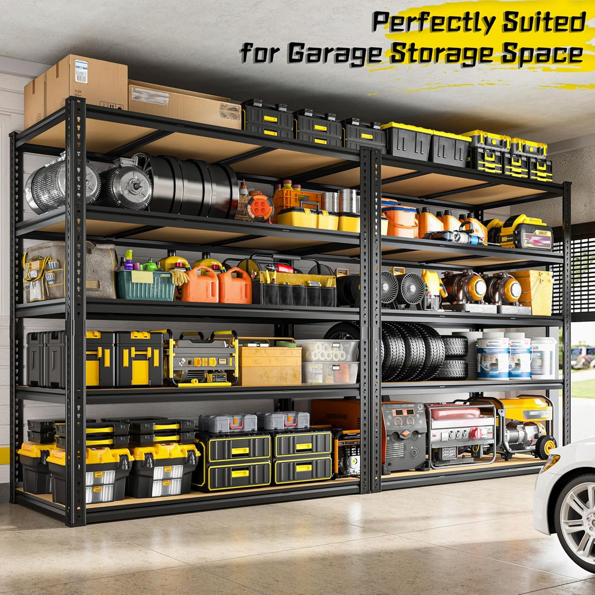 48" W Garage Shelving Heavy Duty 3200LBS Garage Storage Shelving, 5 Tier Adjustable Metal Shelving Unit Utility Rack Shelf for Warehouse, Pantry, Closet, Kitchen 72" H x 48" W x 24" D, Black