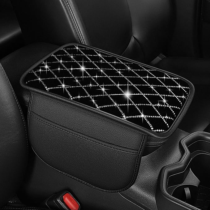 Center Console Cover Fit for RLX: Upgraded Bling Diamond Car Armrest Cover - Crystal Rhinestone Car Center Console Cover with 2 Storage Bags,Anti-Scratch Auto Armrest Pad Accessory （Black