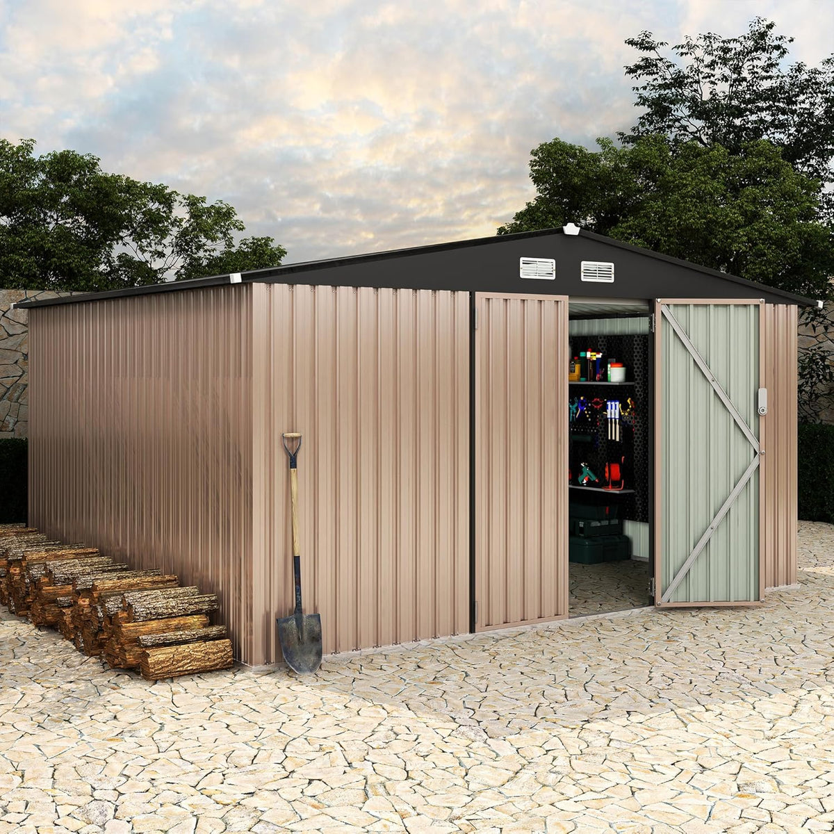 10x12 FT Metal Storage Sheds Outdoor, Metal ToolShed with Lockable Door, Metals Yard Sheds Metals Garden Shed Kit, MetalUtility Sheds Buildings with Air Vent for Backyard Garden Patio Lawn
