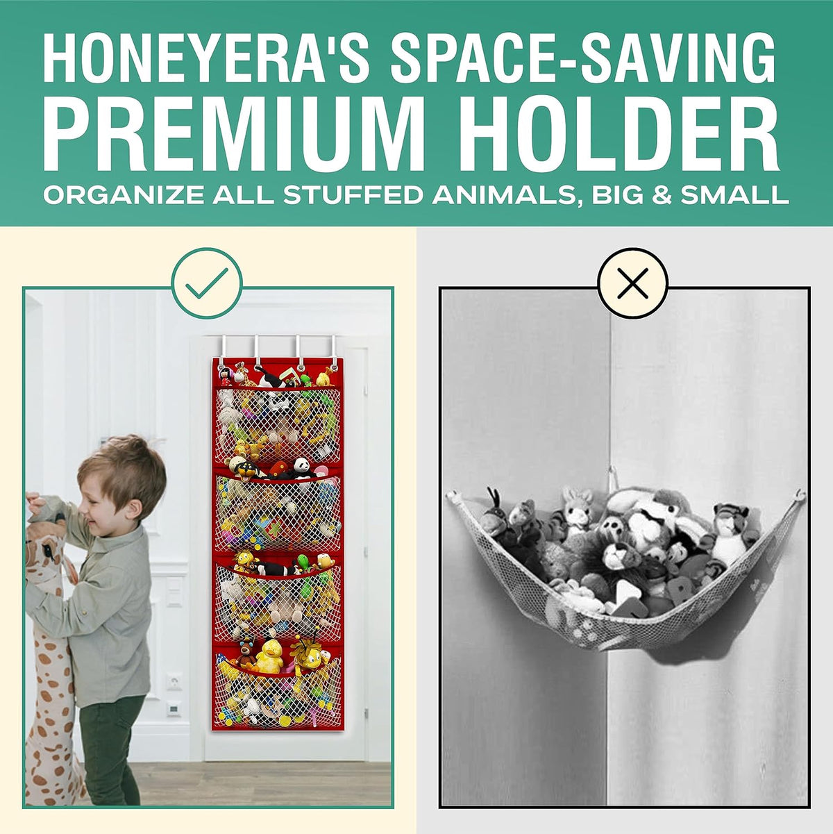 Honeyera Storage for Stuffed Animal - Over Door Organizer for Stuffies, Baby Accessories, and Toy Plush organizer/Easy Installation with Breathable Hanging Storage Pockets (SuperHero Red)