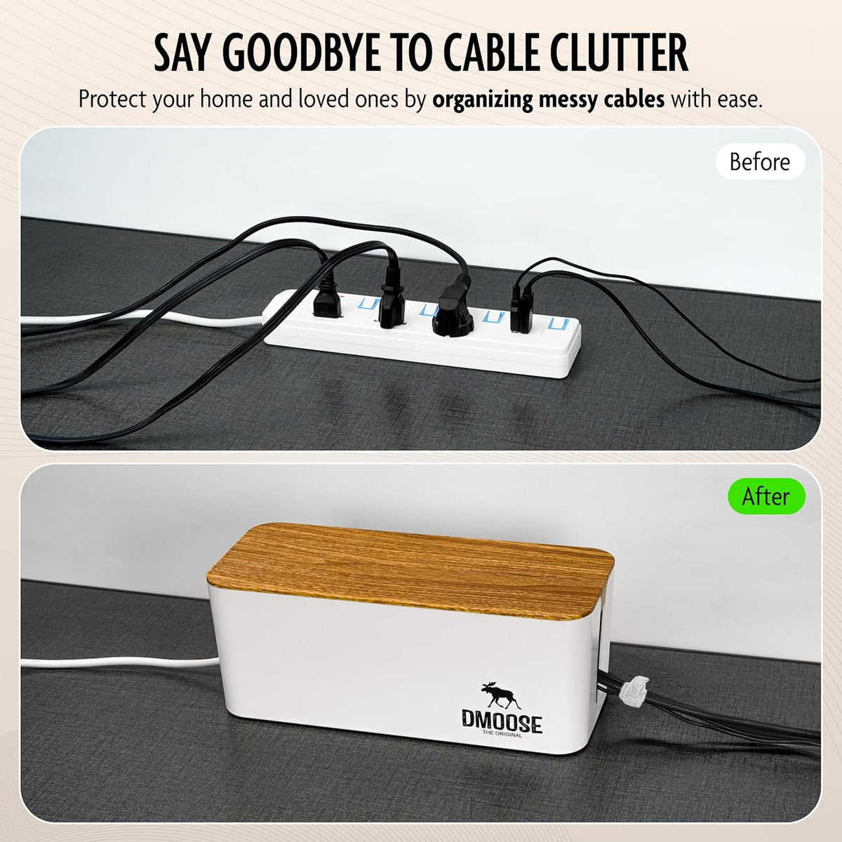 DMoose Cable Management Box - 2 Pack Medium & Large Cord Organizer for Desk & Floor, Cable Organizer Box for Child & Pet - Cable Box Hider for Tidy Office & Home (Wood Print Lid, White Box, Pack of 2)