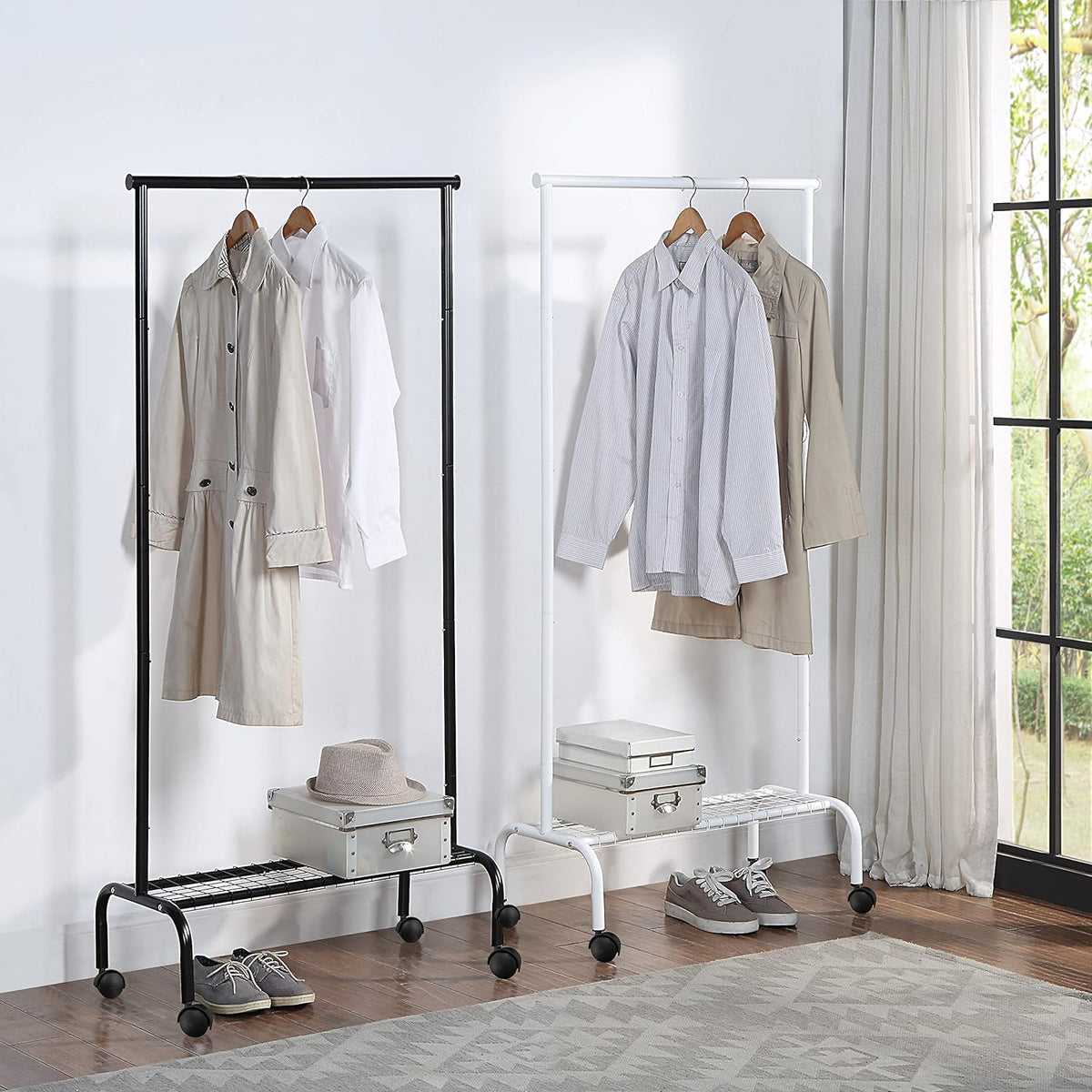 SunnyPoint Rolling Garment Rack with Shelf – Heavy-Duty Metal Clothing Rack on Wheels, 64.9” Tall Clothes Organizer with Bottom Storage, Black