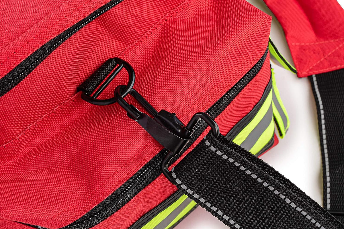 Scherber First Responder Fully-Stocked Professional Essentials EMT/EMS Trauma Kit | HSA/FSA Approved | Reflective Bag w/8 Zippered Pockets & Compartments & 200+ First Aid Supplies - Red