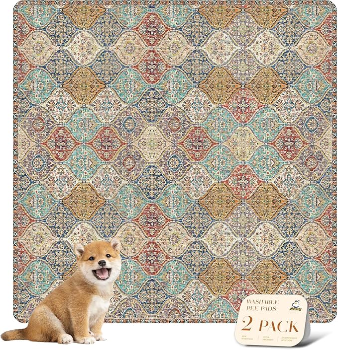 nunubaby Washable Pee Pads for Dogs, Stylish, Non-Slip and Leak-Proof Pee Pads. Reusable Potty Pads for Dogs for Crates and Floors.(Cream/Multi, 48" x48" )
