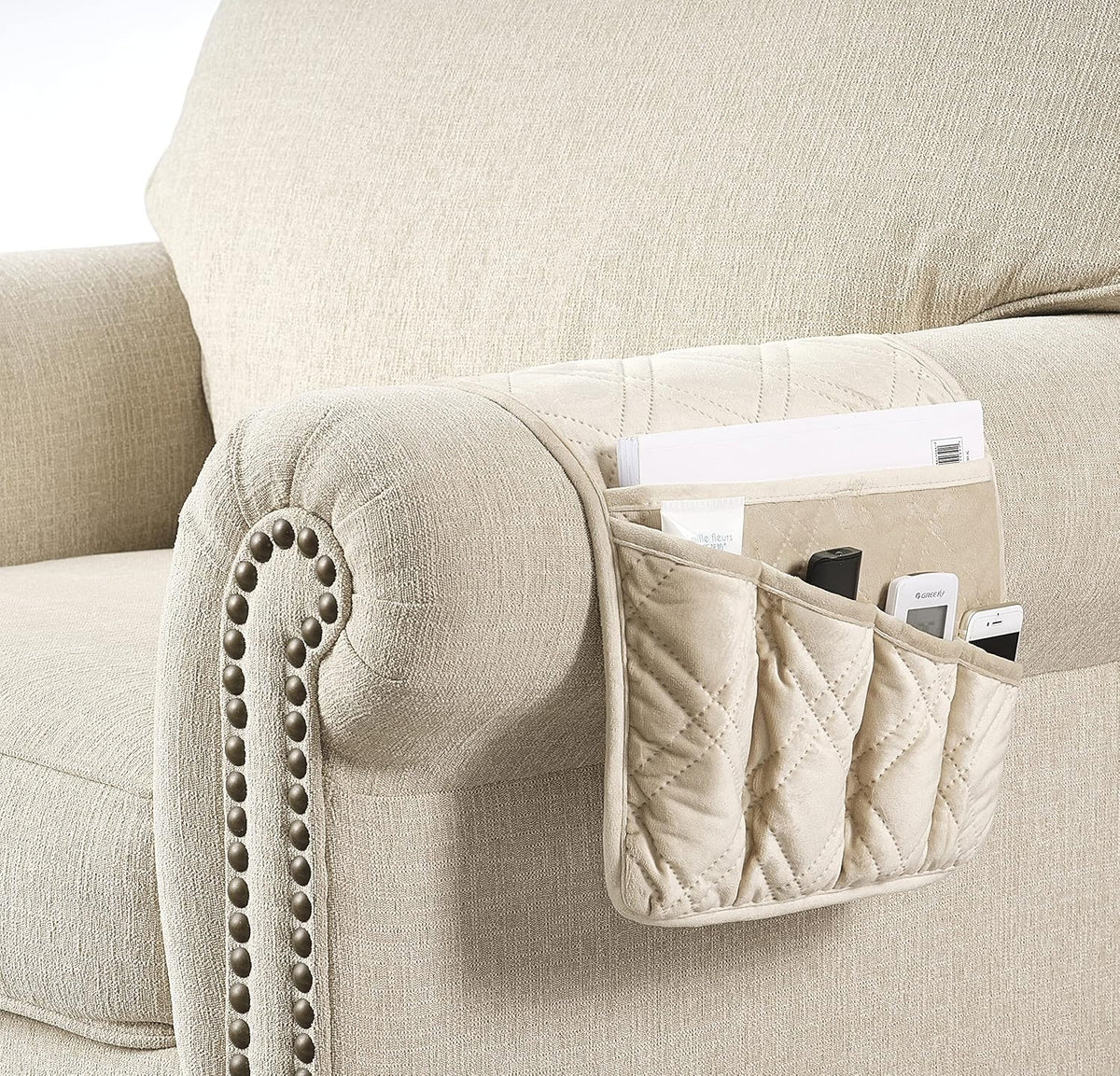 Brilliant Sunshine Beige Velvet Couch Armrest 5 Pockets Organizer, Slip Resistant Recliner Armchair Caddy, Washable Remote Controls Holder, Storage for Magazine, Tablet, Phone, 35×13", Beige Natural