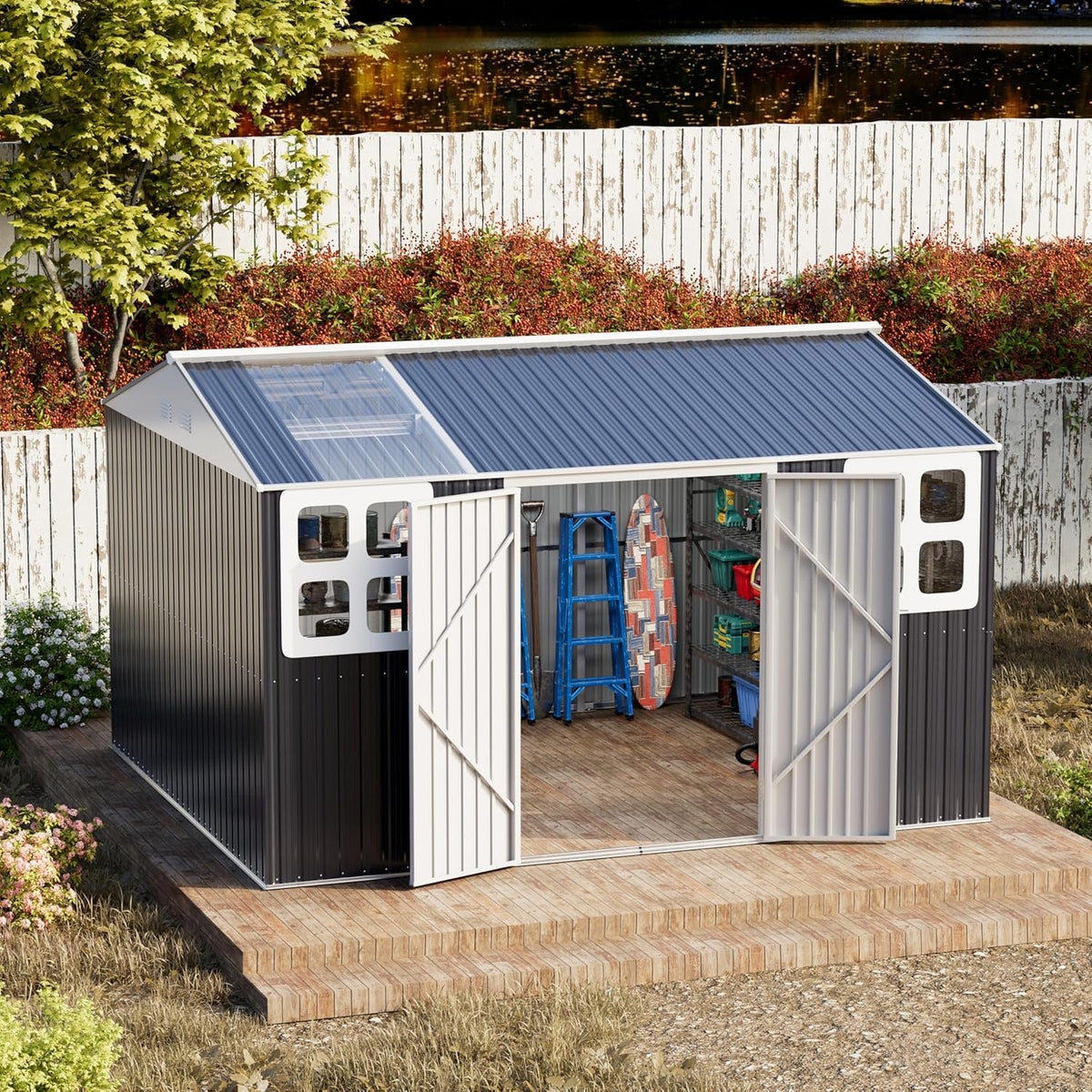 Restland 12x10 FT Outdoor Storage Shed Reinforced Frame Metal Shed with Clear Roof, Air Vent & Lockable Door Large Garden Tool Storage Sheds for Backyard, Garden, Lawn